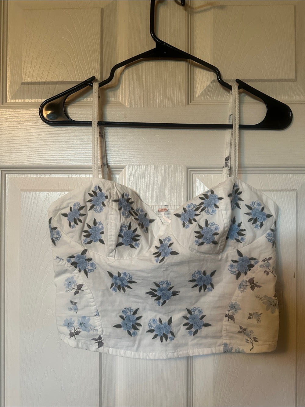 Free People White Crop Cami with Blue Floral Embroidery